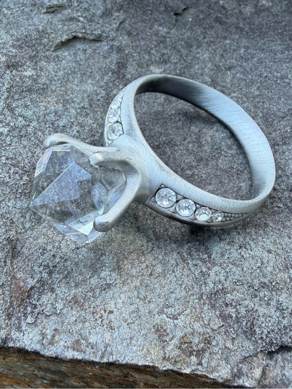 Vintage Silver Tone Clear Crystal Solitaire Ring Brooch